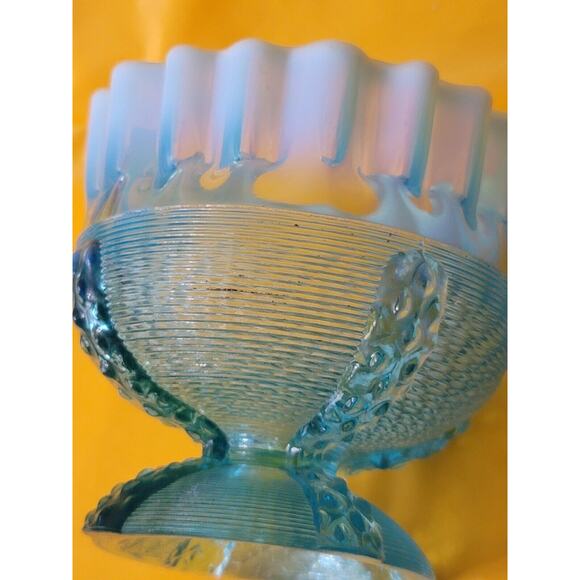 Vintage Northwood Button Panel Blue Opalescent Crimped Top Glass Candy Dish - Picture 10 of 11